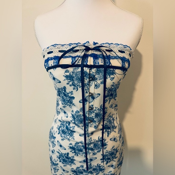 Blue Floral Corset Mini Dress Y2K Toile Strapless Bow Style 💙 - Picture 8 of 9